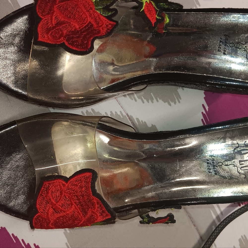 Women's Clear Flower Wedge Platform Sandals Glitter Sequins Open Toe Slip On